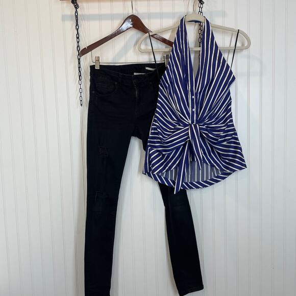 Zara Women Slim Fit Distressed Jeans 4 and Striped Halter Top Size XS & Size 4 - Picture 2 of 12